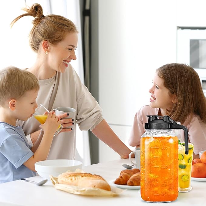 Glass Pitcher - 64 OZ Mason Jar Glass Jug Breast milk Containers, Wide Mouth,Airtight & Leakproof Pitcher with Pour Spout Lids for Water, Juice, Milk, Tea, Iced Coffee