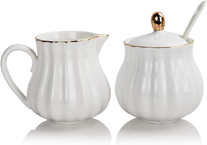 Sweejar Royal Ceramic Sugar and Creamer Set, 3 Piece Set with Cream Pitcher, Sugar Bowl, Sugar Set with Lid & Spoon, Coffee Serving Set Wedding Gift(White)