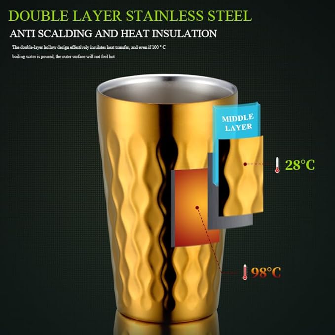 10oz Stainless Steel Cup Set, 2Pcs Double Wall Metal Cup，Vacuum Stackable Insulated Portable Drinking Tumblers Unbreakable Glasses，for Home Outdoor Restaurant (Gold)