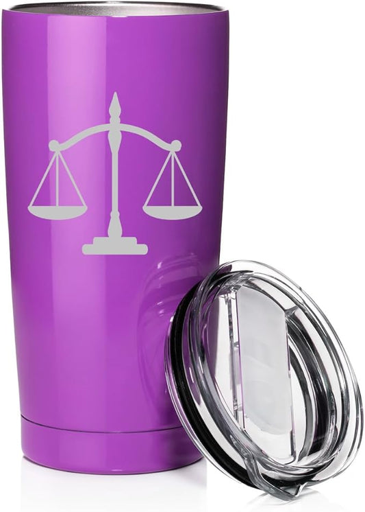 Smooth Body Tumbler Stainless Steel Vacuum Insulated Travel Mug Cup Gift Scales of Justice Lawyer Paralegal Judge (Purple, 20 oz)