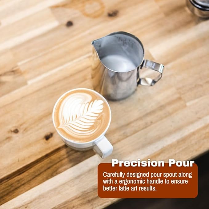 Barista Basics 12 Oz Silver Stainless Steel Milk Frother Pitcher, Steaming Pitcher for Latte Art, Food-Grade/w Measurements