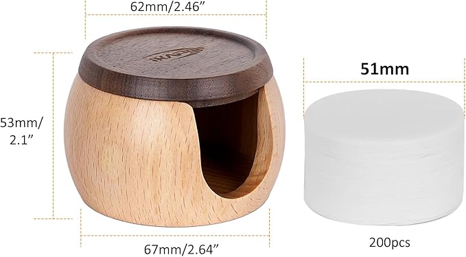 IKAPE Espresso Coffee Accessories, 200pcs 51MM Paper Filters, Replacement Espresso Puck Paper Filters with a Wooden Storage Holder, Compatible with 51mm Portafilter Basket