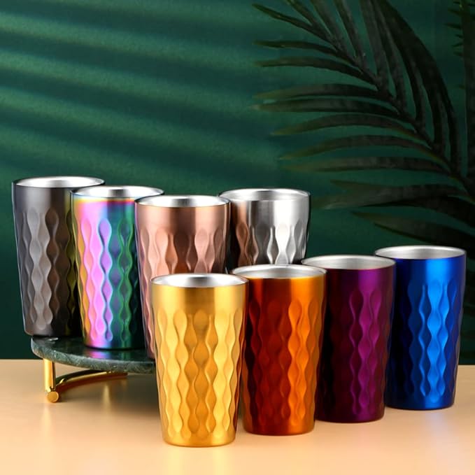 10oz Stainless Steel Cup Set, 2Pcs Double Wall Metal Cup，Vacuum Stackable Insulated Portable Drinking Tumblers Unbreakable Glasses，for Home Outdoor Restaurant(Rainbow Color)