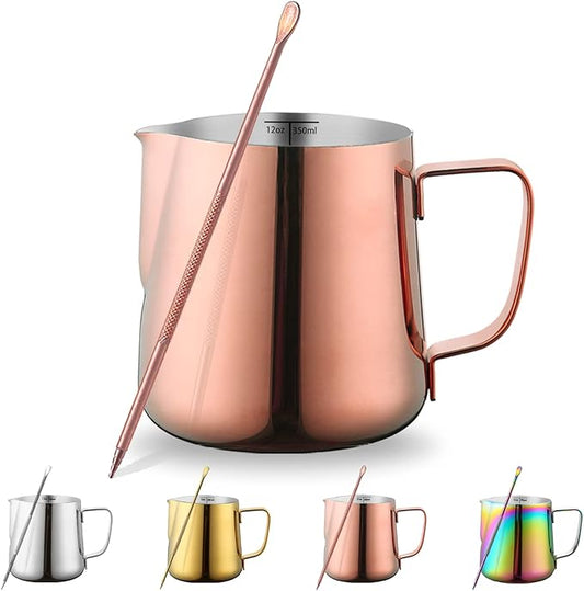 Milk Frothing Pitcher 12oz - 350ml, Kyraton Stainless Steel Espresso Steaming Pitchers with Decorating Pen,Milk Coffee Frother Cups Cappuccino Latte Art Barista Steam Pitchers Milk Jug Cup (Rose Gold)
