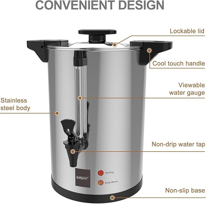 Valgus Commercial Stainless Steel Coffee Urn 135-Cup 20L Large Capacity Coffee Maker Electric Hot Water Bottles with Percolator Automatic Temperature Control for Large Events, Parties, Weddings