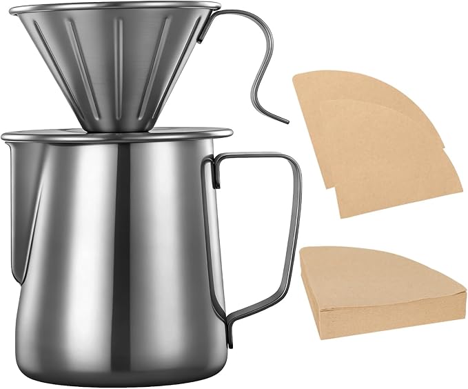 ZALIR Pour Over Coffee Maker, 304 Stainless Steel Dripper with 20 oz Frothing Pitcher & 100 Paper Filters for Rich Flavor, Portable Manual Coffee Brewer Set for Kitchen, Camping