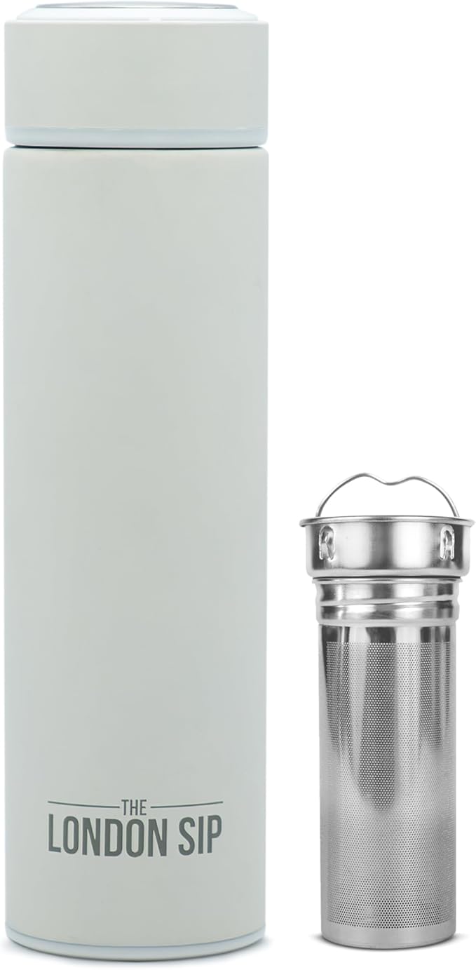 London Sip 16.9 oz Multi-Purpose Tea Infuser Mug – Fruit Infuser Water Bottle for Hot and Cold – Double Wall Stainless Steel Insulated, Pearl White