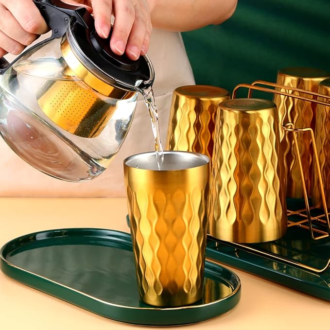 10oz Stainless Steel Cup Set, 6Pcs Double Wall Metal Cup,Vacuum Stackable Insulated Portable Drinking Tumblers Unbreakable Glasses，for Home Outdoor Restaurant (Black)