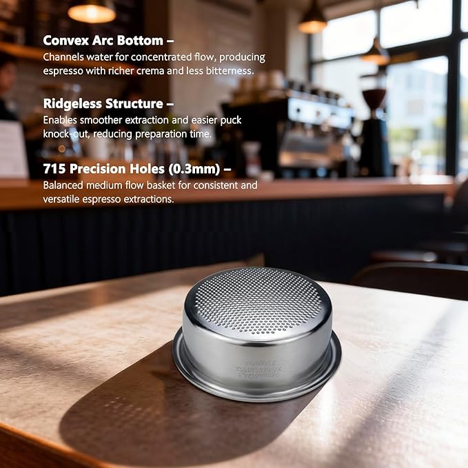 Espresso Accessories, 58mm Bottomless Portafilter with 18g Convex Filter Basket (715 Holes), Walnut Wood Handle, Compatible with La Marzocco, Slayer, Rocket Espresso, Lelit & E61 Machines