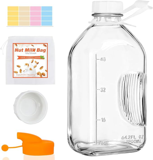 2 Quart (64 Oz) Glass Milk Bottle with Handle, Water Jug with Scale/Nut Milk Bag/Pour Spout/Airtight Lid, Reusable Carafe Container Pitcher for Milk, Tea, Juice, Coffee Beverage-1/2 Gal 1 Pack