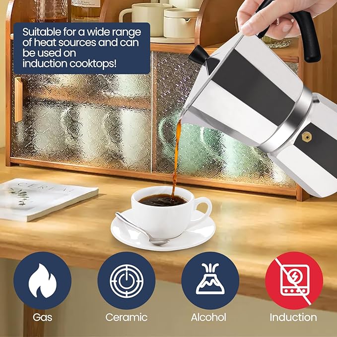 6 Cup Moka Pot Aluminum 300ml Italian Coffee Maker Stovetop Espresso CoffeeMakers Mocha Pot Percolator for Electric Ceramic Stove Classic Greca Cafe Makers Portable for Easy Brewing