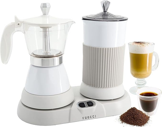 Electric Moka Pot with Milk Frother – 3-Cup (150 ml) Modern Espresso Maker for Coffee, Cappuccino, Latte, Mocha & Cuban, White