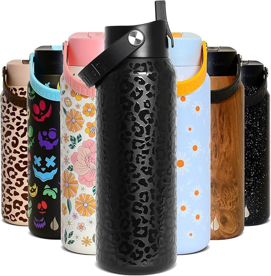 Elemental 40oz Insulated Water Bottle with Straw - 100% Leak-Proof Stainless Steel Core Water Bottles for Travel, Sports and Gym - Double Wall Insulation & BPA Free - Black Leopard