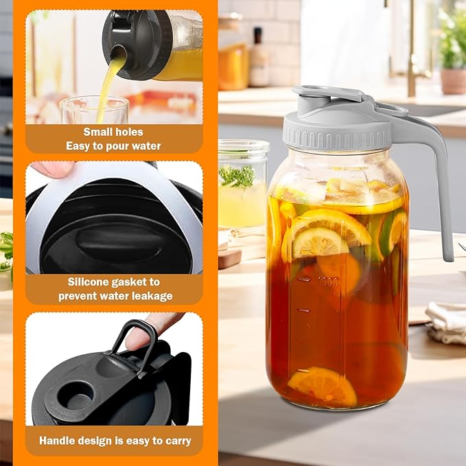 2 Pack Glass Pitchers with Lid, 64 oz Sun Tea Pitcher, Half Gallon Mason Jar Pitcher with Wide Mouth Airtight Lid for Ice Tea, Cold Brew Coffee, Fridge Water, Milk, Juices, Leak Proof Water Jug