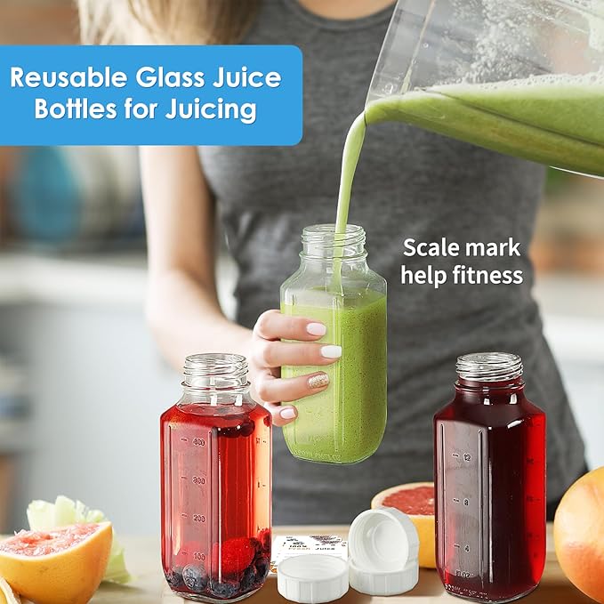 Syntic Glass Juice Bottles with Lids, 3 Pack Clear Glass Water Bottles w 2 Pour Spouts, 16 Oz Reusable Milk Jug w 100% Airtight Cap and Scale for Juicing Containers, Breast Milk Storage, Drinking Jar