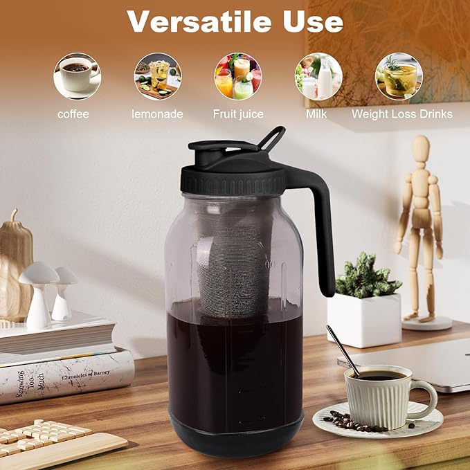 Cold Brew Coffee Maker, 64oz Mason Jar Pitcher with Stainless Steel Filter, Sealed, Leak-Proof Lid with Pour Spout & Handle, Heavy Duty Glass Iced Coffee Tea Brewer with Non-Slip Silicone Base-Black
