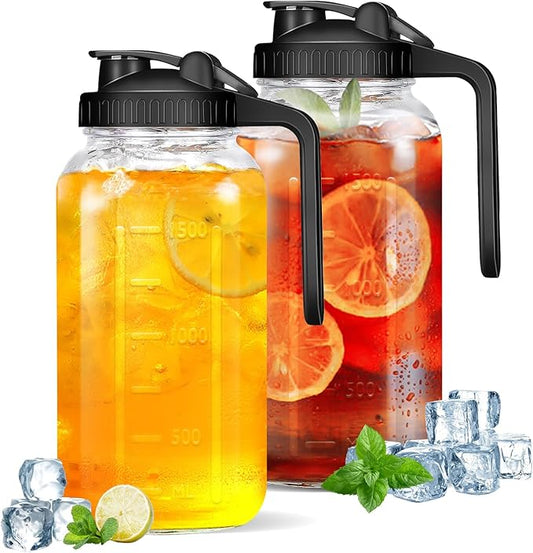 2Pack Glass Pitcher - 64 OZ Mason Jar Glass Jug Breast milk Containers, Wide Mouth，Airtight & Leakproof Pitcher with Pour Spout Lids for Water, Juice, Milk, Tea, Iced Coffee