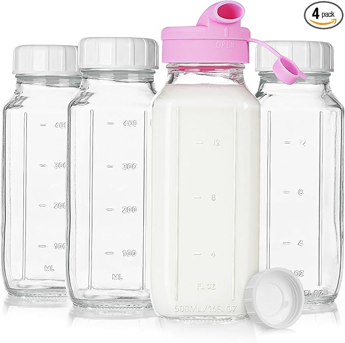 4 Pack 16 Oz Square Glass Milk Bottle with A Silicone Dispenser Cap, Glass Juice Bottles with Airtight Screw Lid, Reusable Drinking Bottles with Capacity Marks, Breastmilk Storage Container