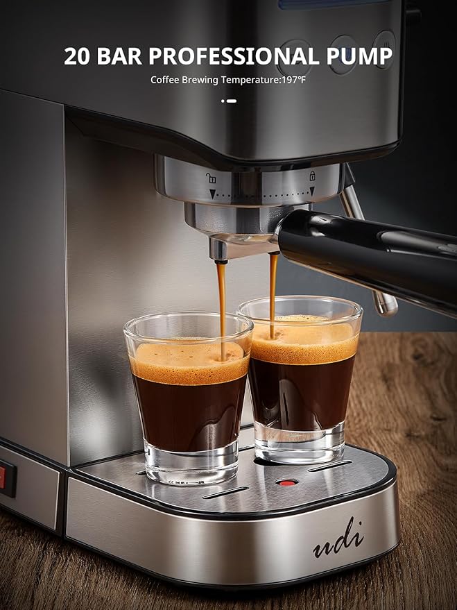 UDI Espresso Machine with Milk Frother, 20 Bar High Pressure Professional Espresso Maker Automatic, Compact Stainless Steel Coffee Machine for Cappuccino, Latte, Silver