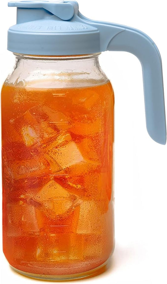 County Line Kitchen Glass Mason Jar Pitcher with Lid - Wide Mouth, 2 Quart (64 oz) - Heavy Duty, Leak Proof - Sun & Iced Tea Pitcher, Cold Brew Coffee, Breast Milk Storage, Water - Sky Blue