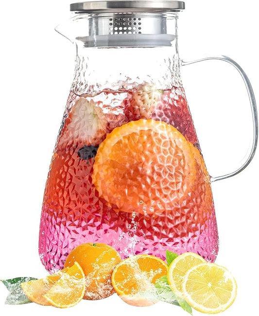 2.0 Liter 68 oz Glass Pitcher with Lid and Spout, Glass Carafe for Hot/Cold Water, Large Iced Tea Pitcher for Coffee, Milk,Juice and Homemade Beverage,Iced Coffee, and Container for Drinks