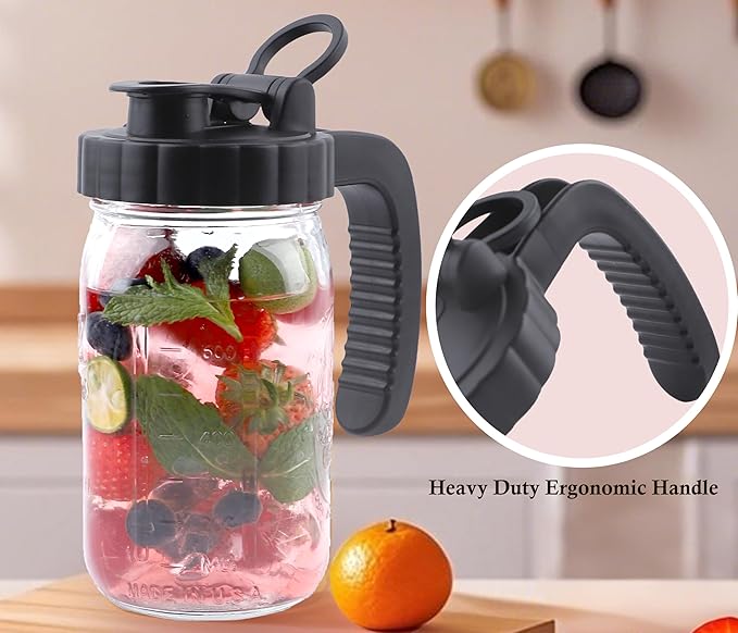 Mason Jar Pitcher With Pour Spout Lids 32 Oz Breast Milk Pitcher Wide Mouth 1 Quart Airtight & Leakproof Glass Jug With Handle And Flip Cap Lid For Fridge, Iced Tea, Coffee, Lemonade, Juice, 2 Set