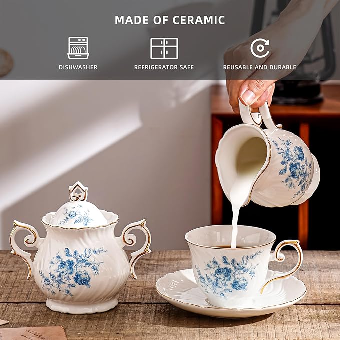 Sugar and Creamer Set Ceramic, Creamer Pitcher and Sugar Bowl with Lid,Sugar Cube Dish Coffee or Tea (White with blue flower)