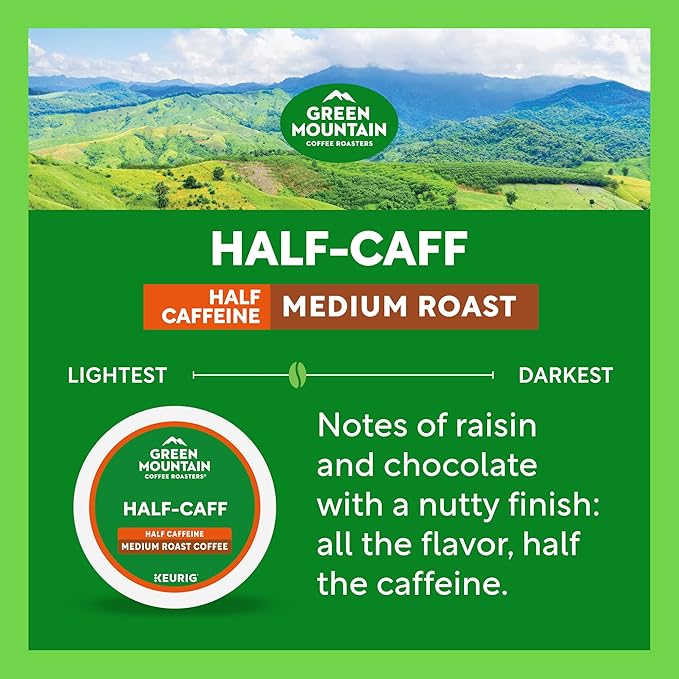 Green Mountain Coffee Roasters Half Caff, Single-Serve Keurig K-Cup Pods, Medium Roast Coffee Pods, 48 Count