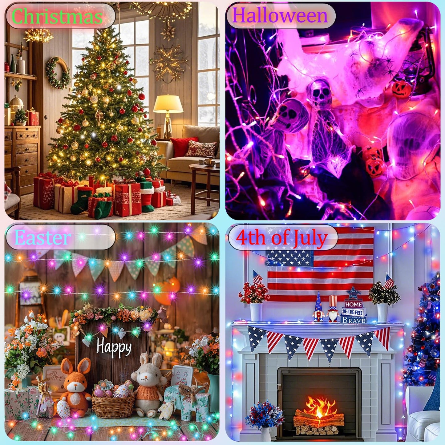 Pooqla Color Changing Christmas Lights, 200 LED Battery Powered String Lights, 66.6 FT, RGB with Remote, 2 Pack