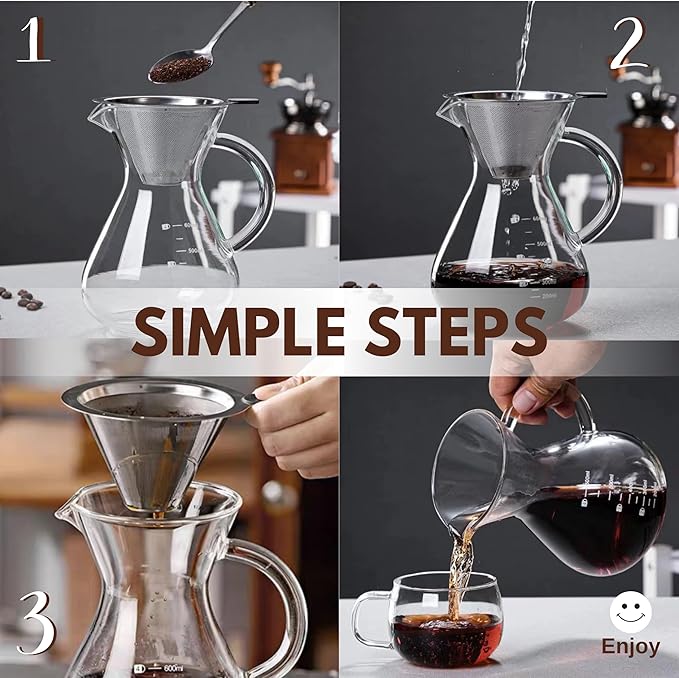 Pour Over Coffee Maker - 20 Oz (600ml) Borosilicate Glass Carafe - Reusable Stainless Steel Filter Paperless Dripper - For Home & Office & Resteraunt & Camping
