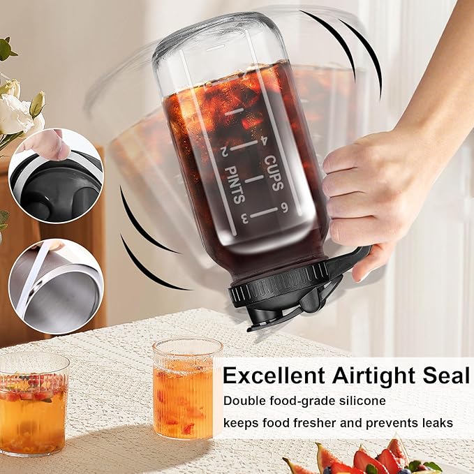 Glass Pitcher - 64 OZ Mason Jar Glass Jug Breast milk Containers, Wide Mouth，Airtight & Leakproof Pitcher with Pour Spout Lids for Water, Juice, Milk, Tea, Iced Coffee
