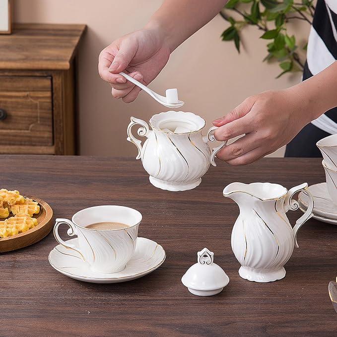 Sugar and Creamer Set Ceramic, Creamer Pitcher and Sugar Bowl with Lid, Creamer Pitcher with Handle,Sugar Cube Dish Coffee or Tea, White with gold thread